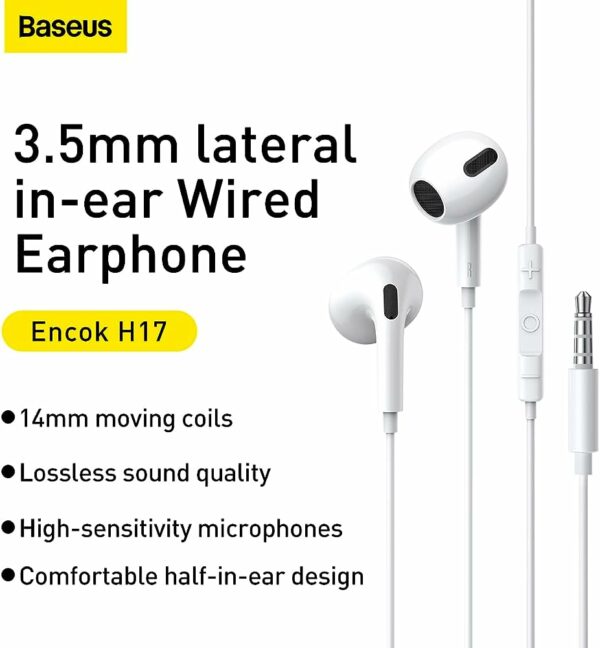 gsm.ma Accessoire Écouteurs filaires intra-auriculaires latéraux Baseus Encok 3,5 mm H17 Blanc