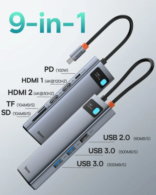 gsm.ma Accessoire Adaptateur USB Type C HUB Baseus Lite Series 9 In 1 – 4x USB 3.0 1m Noir (CAHUB-CU0G)