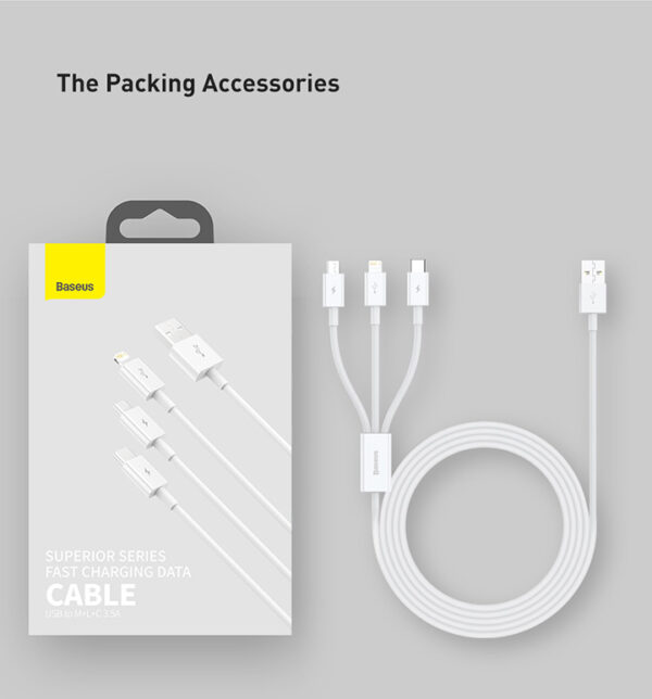gsm.ma Accessoire Cable USB to M+L+C 3.5A Baseus Superior Series Fast Charging Data Cable  1.5m White