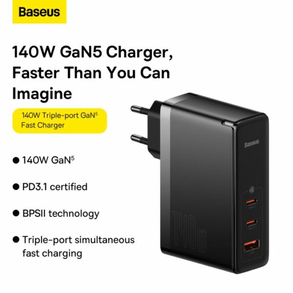 gsm.ma Accessoire Chargeur Baseus GaN5 Pro 140W chargeur mural 2xUSB-C + USB, (CCGP100201()