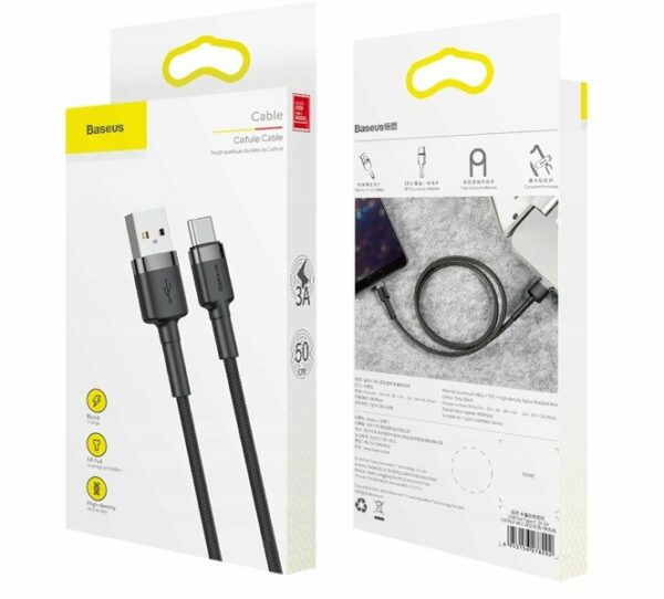 gsm.ma Accessoire Câble Baseus Cafule | Câble USB en nylon Gris-Noir – USB-C Type-C Quick Charge 3.0 50cm 3A (CATKLF-AG1)