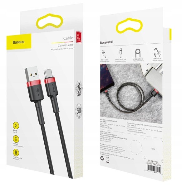 gsm.ma Accessoire Baseus Caféle | Câble nylon USB Noir-Rouge – Type-C USB-C Quick Charge 3.0 50cm (CATKLF-A91)