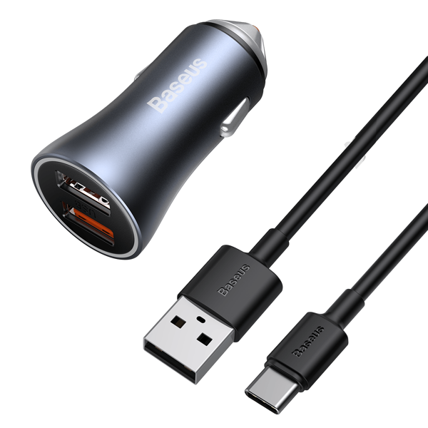 gsm.ma Accessoire Chargeur voiture Baseus Doré Pro |  2xUSB Huawei 5A QC 3.0 AFC (Samsung) 40W + USB-A – Câble USB-C 1m (TZCCJD-0G)