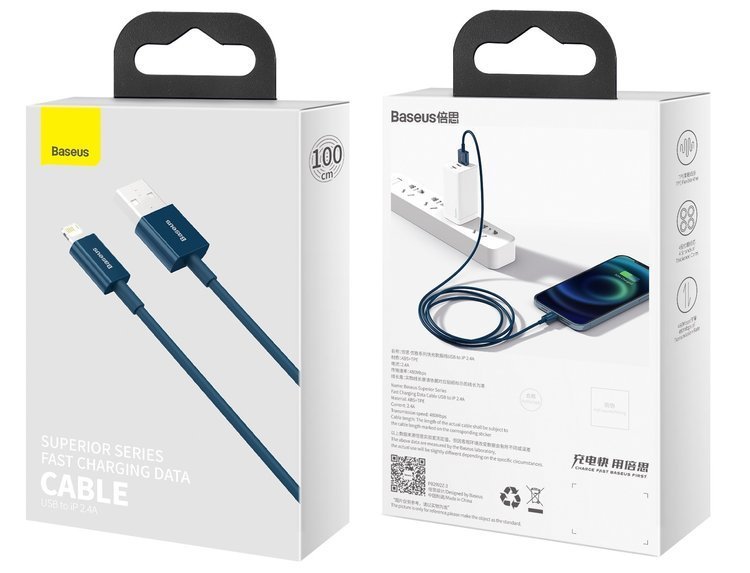 gsm.ma Accessoire Série Supérieure Baseus | Câble USB Bleu – Lightning pour iPhone iPad 1m 2.4A