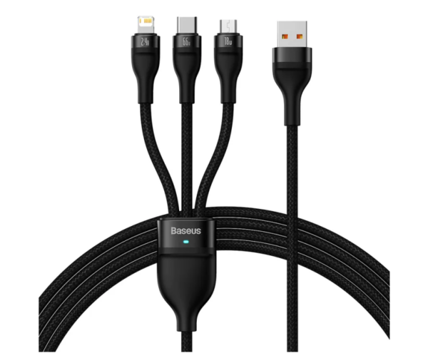 Image de Câble Baseus One For Three USB vers M+L+C 100W/1.2M Noir (Réf : CASS030001)