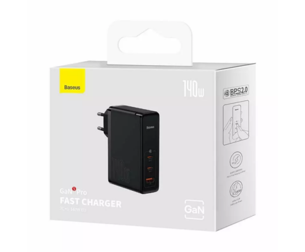 Image de Chargeur Baseus 140W 2x Type-C/1x USB EU Noir avec Câble Type-C vers Type-C 240W Noir (CCGP100201)