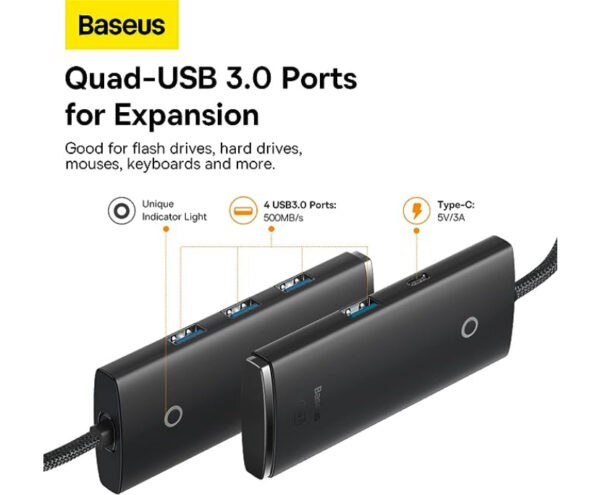 Image de Adaptateur Baseus 4 Ports USB 3.0 Type-C / Type-C 25cm Noir – WKQX030301