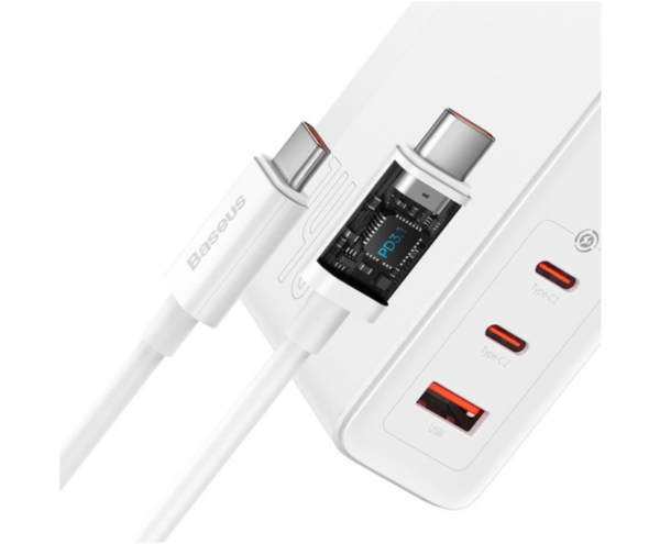 Chargeur Pro Baseus 140W EU Blanc avec Câble USB-C vers USB-C 240W 48V/5A 1M Blanc (CCGP100202)