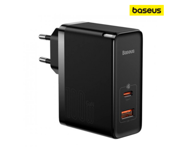 Image de Chargeur Baseus C+U 100W EU Noir avec Câble Mini Noir Type-C vers Type-C 100W (20V/5A) 1m (CCGP090201)