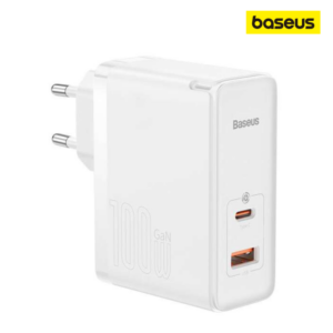 Image de Chargeur Baseus C+U 100W EU Blanc avec Câble Mini Blanc Type-C vers Type-C 100W/20V/5A 1m (CCGP090201)