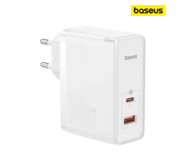 Image de Chargeur Baseus C+U 100W EU Blanc avec Câble Mini Blanc Type-C vers Type-C 100W/20V/5A 1m (CCGP090201)