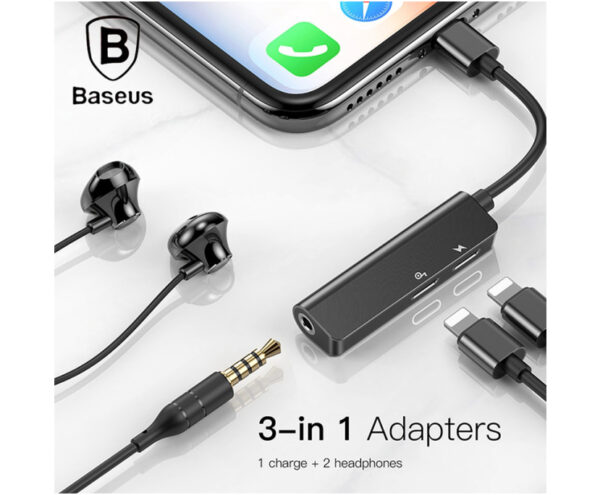 Image de Adaptateur Baseus 3-en-1 Lightning vers 3.5mm / 2.0A / Convertisseur Audio – Gris (CALL52-01)