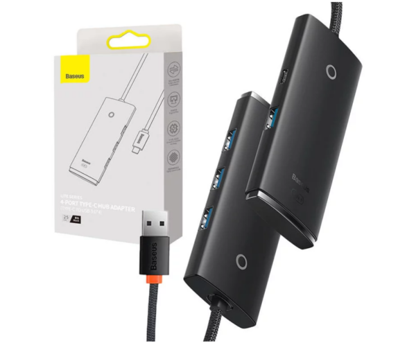 Image de Adaptateur Baseus 4 Ports USB-C vers USB 3.0*4 Type-C 25CM Noir (Réf : WKQX080101)