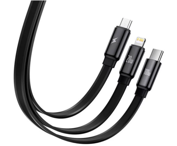 Image de Baseus Câble 3-en-1 TYPE-C vers USB-C / Lightning / Micro 100W 1.7m Noir – Modèle CAQY000001
