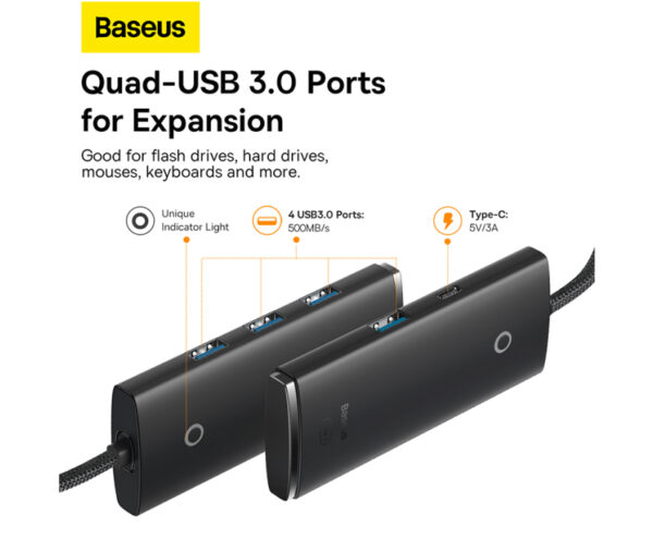 Image de Adaptateur Hub 4-Port Baseus Type-C vers USB 3.0*4 1m – Noir (WKQX030401)