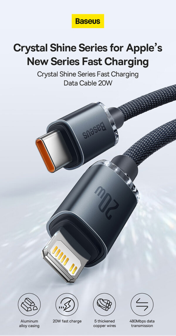 Image de Baseus Câble de données de charge rapide  Crystal Shine Series Type-C vers IP 20W 2m noir CAJY000301