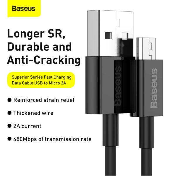 Image de Câble de Données de Charge Rapide Baseus Superior Series USB vers Micro USB 2A 2m Noir CAMYS-A01